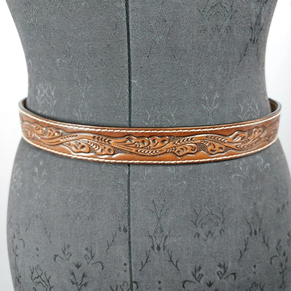 Western Tooled Leather Belt Youth L 28/30 Brown Square Silver Steer Buckle